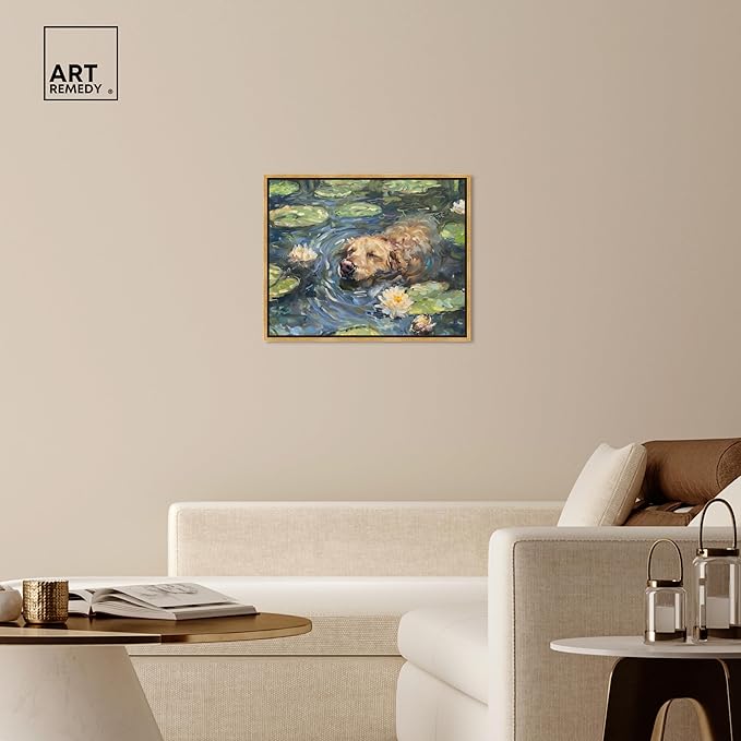 Art Remedy Monet Water Lilies Dog Rustic Chic Farmhouse Canvas Wall Art, Gold Floater Frame, 30"x24"