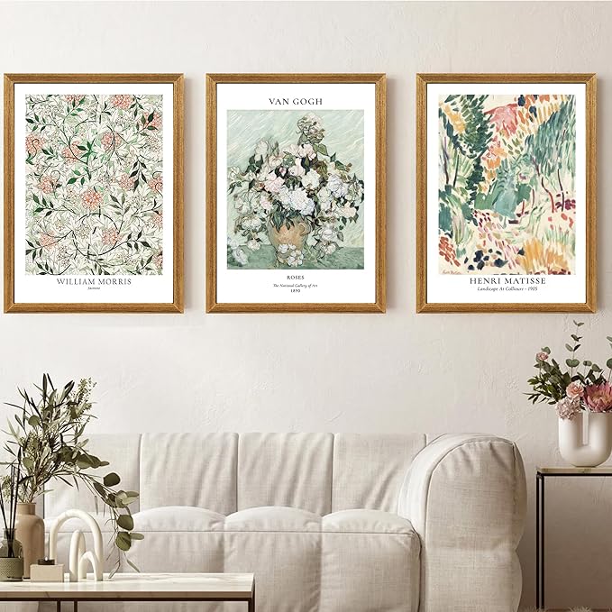 Fantasy Artists Framed Colorful Wall Art Set of 3 Impressionism Henri Matisse Van Gogh William Morris Flower Botanical Abstract Artwork Prints for Living Room Bedroom Bathroom 16" x 24"