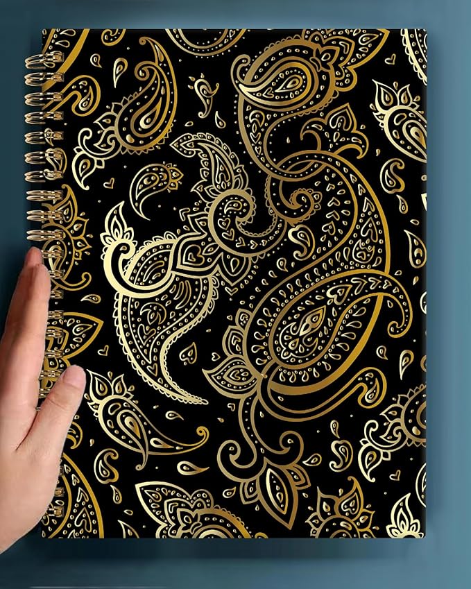 Spiral Journal Notebook,A5 Hardcover Lined Journals for Women 6 x 8.3 in,60 Sheets 120 Pages Thick Paper,Cute College Ruled Writing Notebook for Office Work School(Gold Paisley)