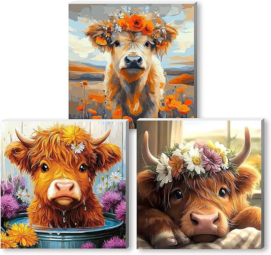 Jiqinsiye 3 Pcs Wooden Framed Calf Paint by Number for Adults,DIY Cow Painting Kits for Adult,Color by Numbers Acrylic,Paint by Number Canvas Crafts Watercolor for Beginner Home Decor (Cattle)