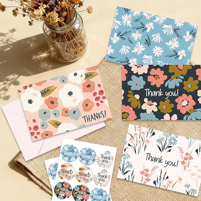 48Pcs Thank You Cards with Envelopes and Stickers for Weddings, Bridal Shower, Baby Shower, Small Business