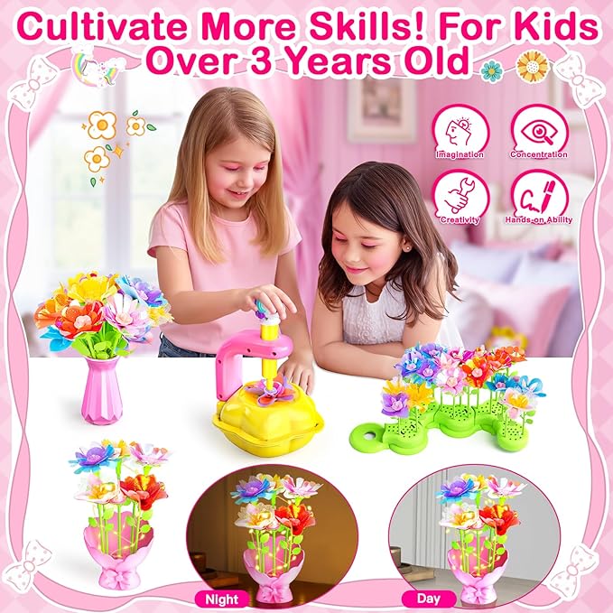 Osllate DIY Arts and Crafts for Kids Flower Toys with Lighted vase, Upgraded Unicornous Design Fabric Bouquet Craft Kits for Kids Toys for Girls Christmas Birthday for 3-12+ Year Old, Pink
