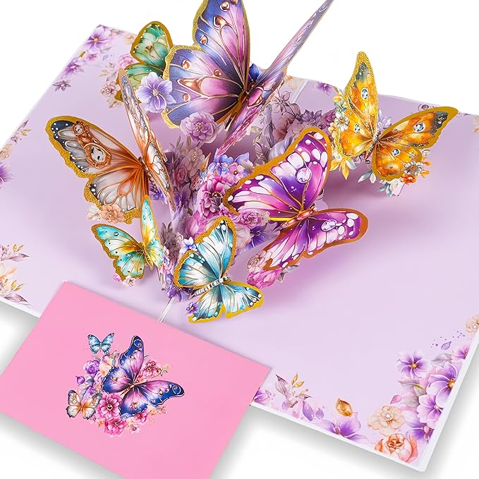 3D Bouquet Butterflys Purple Pop Up Thank you Card, Teacher Appreciation Card, Handmade Flowers Box Greeting Cards with Note and Envelope for New Year Anniversary