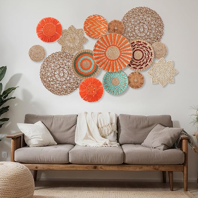 Anglechic 15 Pcs Boho Wall Basket Decor Woven Rattan Seagrass Wall Decor Hanging Rustic Farmhouse Western Art Decoration for Nursery Living Room Bedroom Home Kitchen(Orange Style)