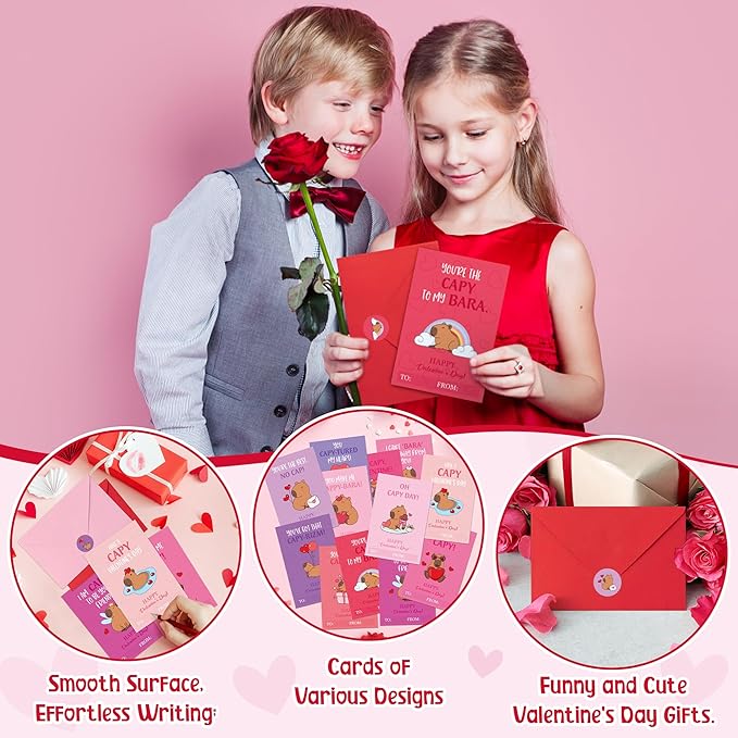 TICIAGA 144pcs Valentine's Day Capybara Greeting Card with Envelop and Stickers for Kids, Fun Animal Notecard Gift Cards for Boys and Girls School Classroom Exchange, Valentines Capybara Party Favors