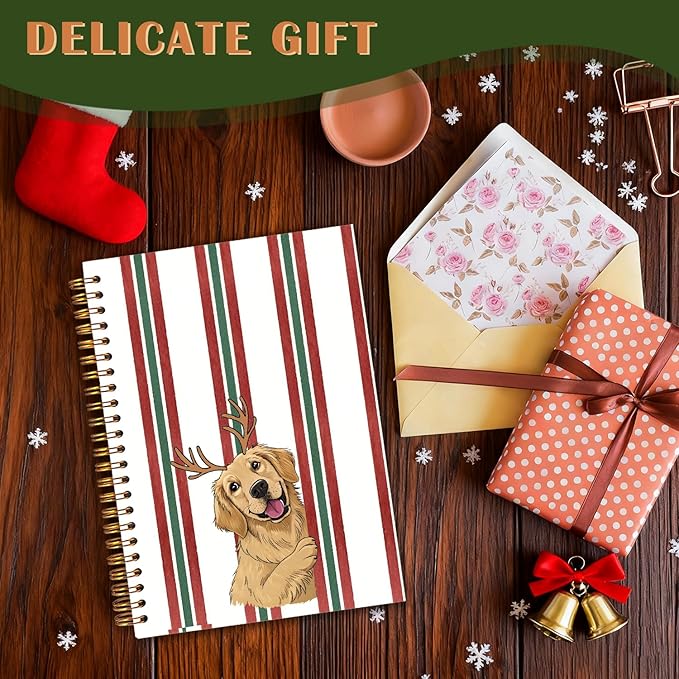 Exqcom Christmas Golden Retriever Spiral Notebook Gifts, Golden Retriever Lover Gifts Journal for Women, Striped Funny Dog Hardcover Notebook Journal Office School Supplies, 5.5x8.3 Inch