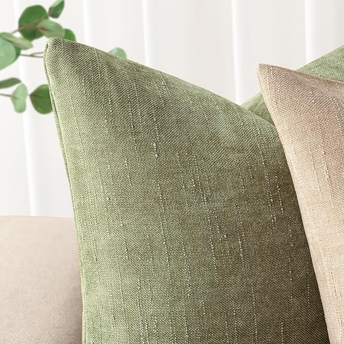 Foindtower Pack of 2 Soft Textured Chenille Throw Decorative Pillow Covers Square Accent Solid Cushion Cover Cozy Neutral Farmhouse Pillow Case for Couch Sofa Bedroom Living Room 18x18 Inch,Sage Green