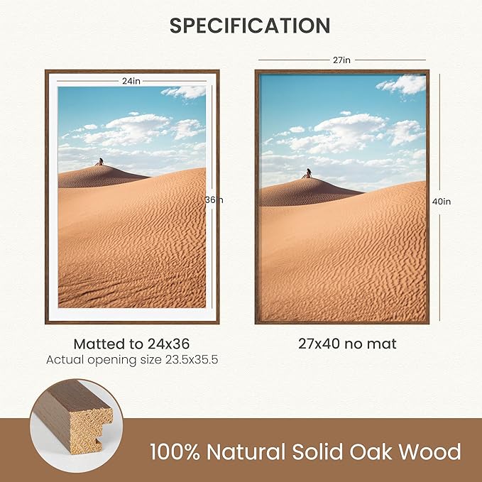 Dreamland Natural Oak Wood Picture Frame 27x40, Wooden Poster Frame with Mat for 24x36, 24 x 40 Matted Picture Frames with Tempered Real Glass for Wall Art Photo and Prints, Walnut Color, Set of 1