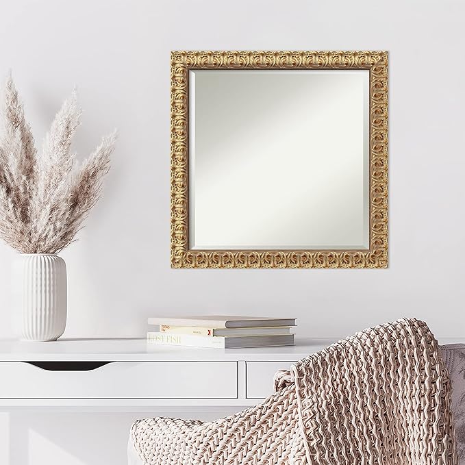 Amanti Art Gold Wall Mirror 23x23 Florentine Gold Square Bathroom Mirror for Wall Decor Living Room, Medium Traditional Wood Frame, Hangs Horizonally and Vertically, Bathroom Decor, Beveled Edge