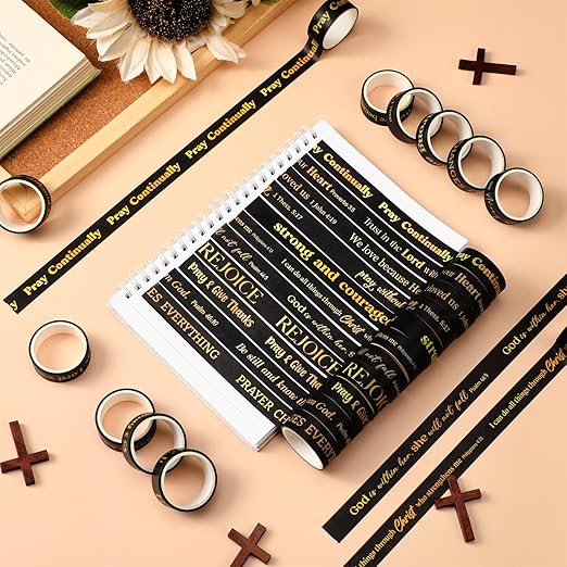 Janlaugh 24 Rolls Christian Washi Tape Gifts Bulk Religious Inspirational Scripture Supplies Bible Verse Tape for Bible Study Journaling Crafting Christmas Stocking Stuffers Gift(Black)