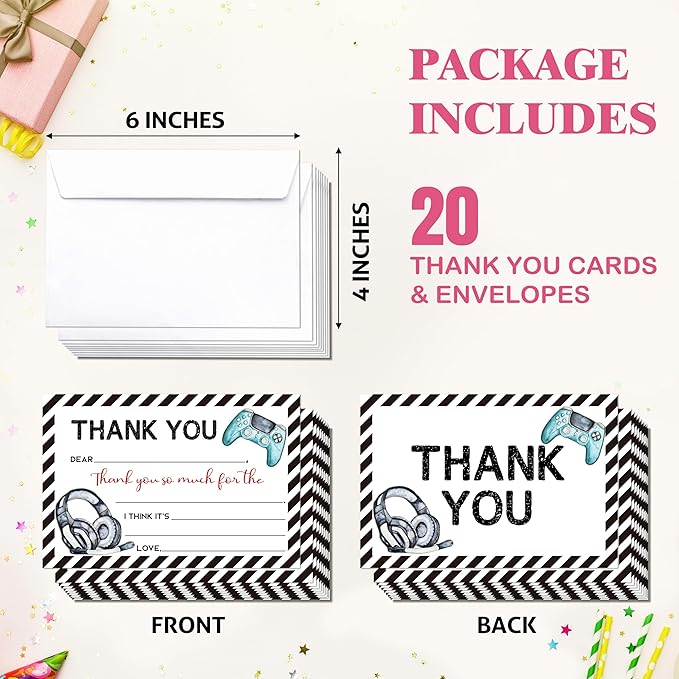 Video Games Kids Thank You Cards, Gamer Thank You Card For Birthday Party, Kids Birthday Cards Fill In The Blank, 20 Pack Greeting Cards With Envelopes For Boys And Girls, 005