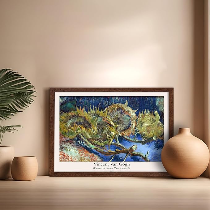 Monem Art Vintage Van Gogh Poster - Retro Blumen in Blauer Vase Anagoria Print - Sunflower Art - Impressionism Art - Fine Art - Classic Painting Art - Bedroom Wall Decor - 16x20 Brown Framed