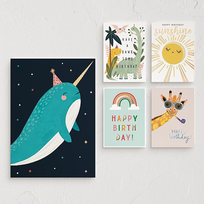 Minted Kids Birthday Cards Pack, Set of 5, Kids Greeting Card Variety Pack, Fun & Cute Folded Greeting Cards With Envelopes, Unique Happy Birthday Stationery Cards, Designed by Independent Artists