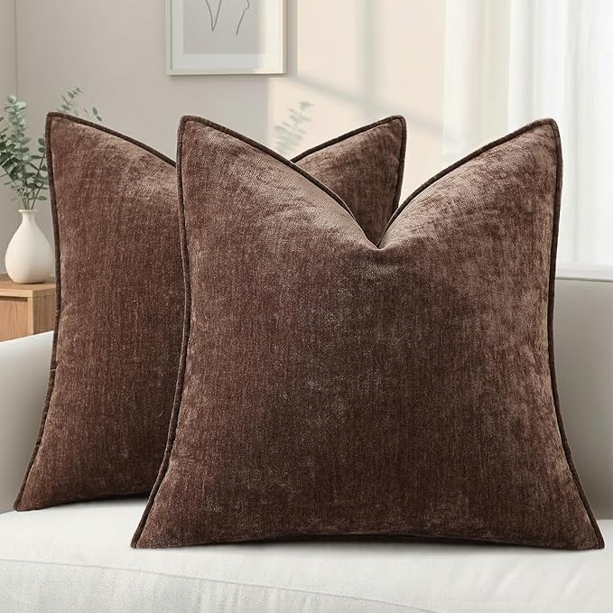 decorUhome Spring Couch Throw Pillow Covers 18x18 Set of 2, Decorative Soft Velvet Neutral Chenille Pillow Covers with Elegant Design for Sofa Bed Living Room Home Decor, Dark Brown