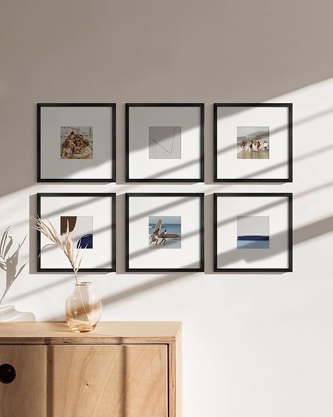 HAUS AND HUES 10x10 Black Metal Picture Frames Matted to 5x5 - Features Premium Aluminum & Hanging Hardware, Shatterproof Plexiglass - Ideal for Home, Room, Office (10x10 in, Black, Set of 15)