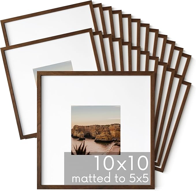 HAUS AND HUES Walnut Oak Wood 10x10 Picture Frames - Set of 25, Square Frames with Mat, Contemporary Frames for Photos and Posters (10x10 in, Walnut, Set of 25)
