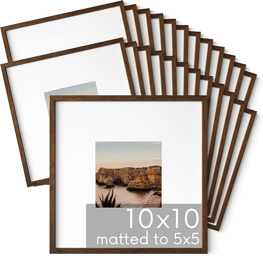 HAUS AND HUES Walnut Oak Wood 10x10 Picture Frames - Set of 25, Square Frames with Mat, Contemporary Frames for Photos and Posters (10x10 in, Walnut, Set of 25)