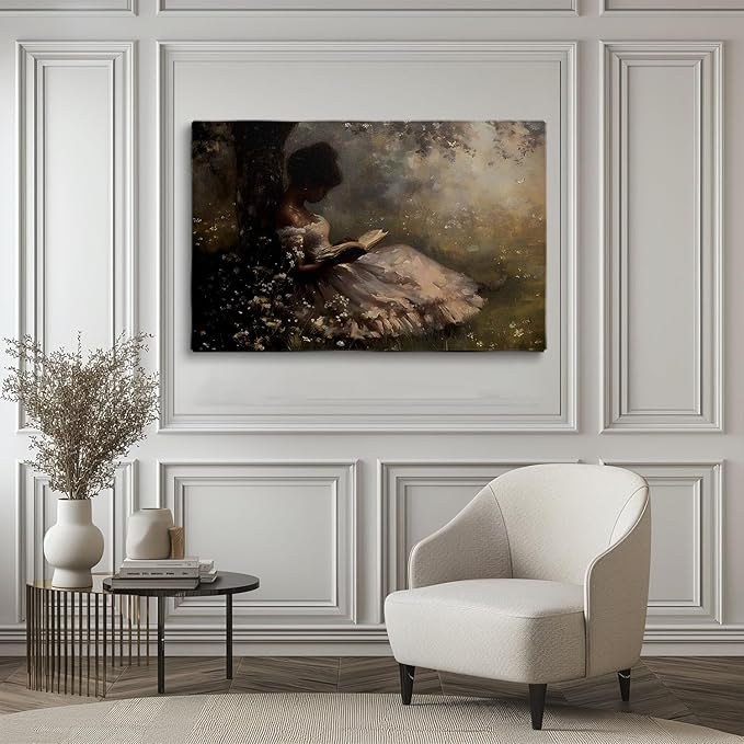 Vintage Black Art, Moody Victorian Art, Black Woman read Landscape Art Print, African American Printable Wall Art, Black Woman Wall Art Print,Reading Room, library decor24x36 Framed