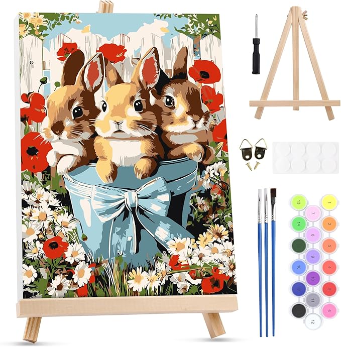 MXJSUA Easter Framed Paint by Numbers for Adults Beginners, Easy Adults' Paint-by-Number Kits on Canvas with Easel, Cute Bunnies Acrylic Number Painting Crafts Kits Gifts for Home Decor, 8x12inch