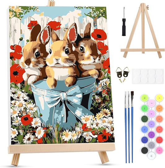 MXJSUA Easter Framed Paint by Numbers for Adults Beginners, Easy Adults' Paint-by-Number Kits on Canvas with Easel, Cute Bunnies Acrylic Number Painting Crafts Kits Gifts for Home Decor, 8x12inch