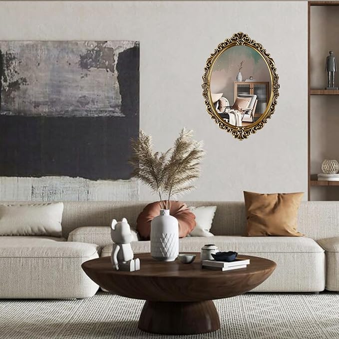 OIGUMR Medium Oval Wall Mirror Resin Frame Size：20.4 x 14.5 inch Vintage Hanging Mirrors for Bedroom Living-Room Dresser Decor Gold