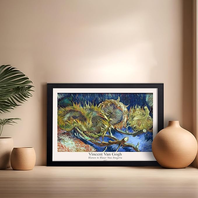 Monem Art Vintage Van Gogh Poster - Retro Blumen in Blauer Vase Anagoria Print - Sunflower Art - Impressionism Art - Fine Art - Classic Painting Art - Bedroom Wall Decor - 16x20 Black Framed