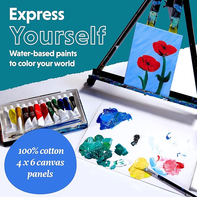 Acrylic Paint Set for Adults and Kids - 24 Pack of 12mL Paints with 12 Art Brushes & 4 Canvases, Non-Toxic Craft Paint for Easter Eggs, Ceramic Rock Paint - Art Supplies
