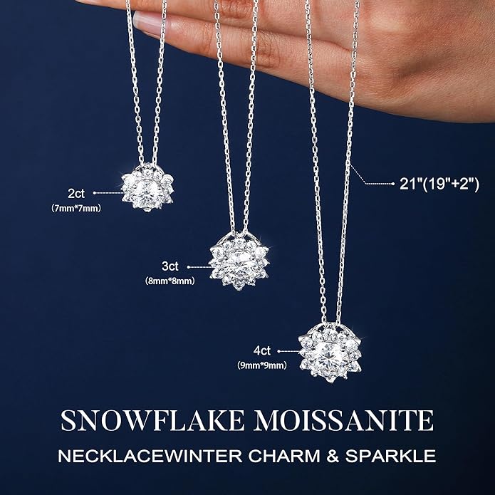 MOOSEA 2-4CT Moissanite Snowflake Necklace, 925 Sterling Silver Anniversary Birthday Gifts for Women Wife, Moissanite Pendant Necklace Christmas Jewelry for Her