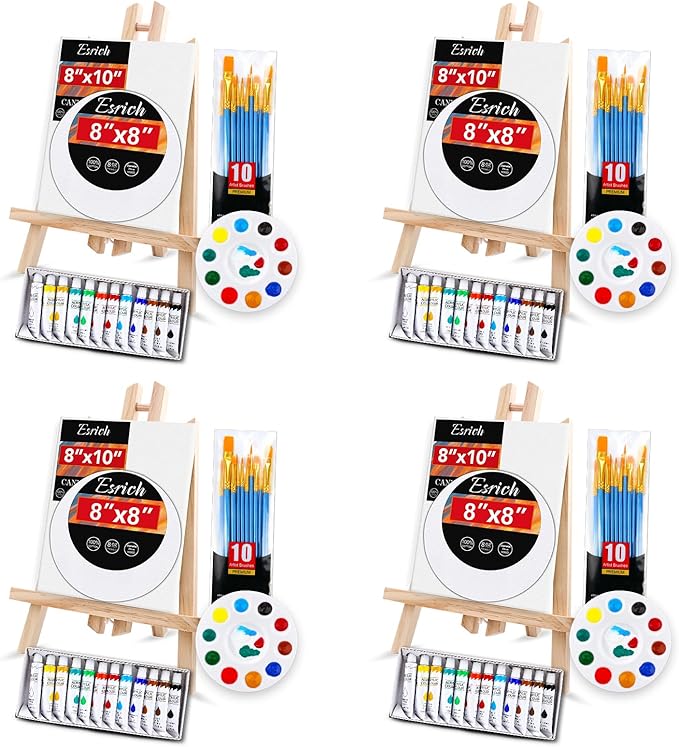 ESRICH Acrylic Paint Canvas Set,104 Piece Professional Painting Supplies Kit with 4 Wood Easel,4 * 12Colors,4 * 10 Paint Brushes,Canvas Etc,Premium Paint Kit for Kids Students Artists Beginner