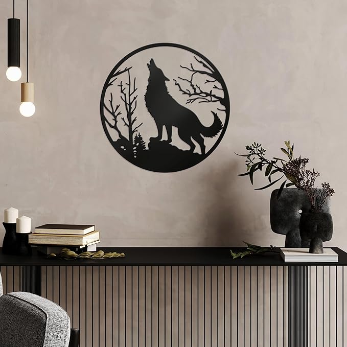 DIMARONGTON Wolf Metal Wall Decor, 12x12 Rustic Iron Wildlife Silhouette for Wall, Black Wolf Art for Indoor or Outdoor Display, Gift for Men