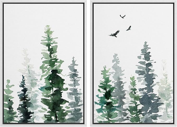SIGNWIN Framed Wall Art Print Set Watercolor Green & Gray Forest and Birds Nature Wilderness Illustrations Modern Art Rustic Relax/Calm Multicolor for Living Room, Bedroom, Office - 24"x36"x2 White