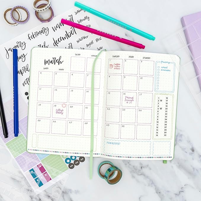 PAPERAGE Bullet Journal Kit, Dotted Journaling Set & Stationary Kit, Hardcover Dotted Journal Notebook (Sage Green), 12 fineliner Pens, 8 Sticker & 3 Stencil Sheets, 6 Washi Tapes