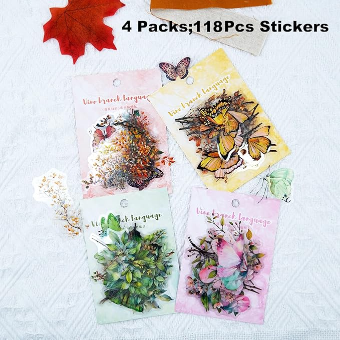 Butterfly and Branch PET Sticker Set, 118PCS Botanical Stickers for Scrapbooking, Journaling, DIY Crafts, and Planner Supplies