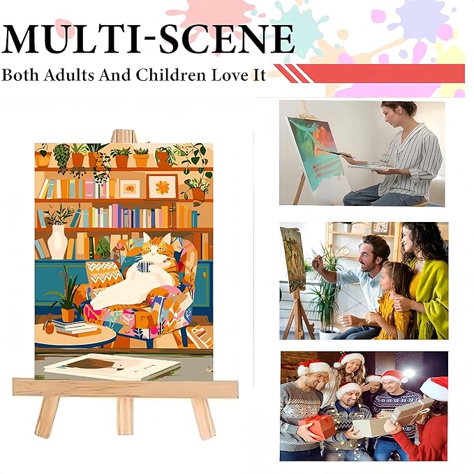 Painting by Numbers Kit for Adults Beginner,Charming Cat Bookshelf Color by Numbers for Adults,Adult Paint by Number Kits on Canvas,Paint by Numbers Easy Oil Painting for Home Wall Decor11.8X15.8 Inch