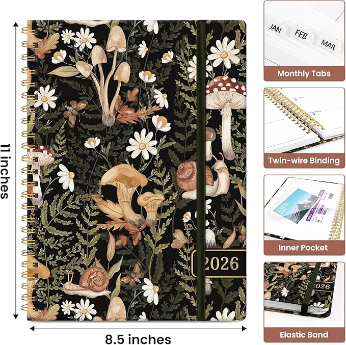 2026 Planner, Monthly and Weekly Calendar Planner for Women, Jan 2026 - Dec 2026, Hardcover Pretty 2026 Agenda Planner Book with Tabs, Spiral Bound, Perfect for School Office Home Supplies, 8.5" x 11" - Mushroom