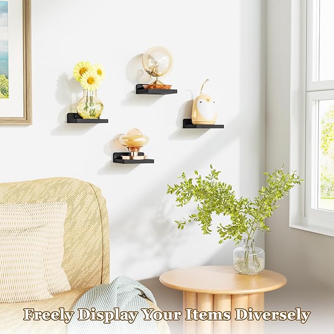 SRIWATANA Small Floating Shelves Wall Mounted, Wood Shelf for Decoration and Storage Set of 4, Mini Display Shelf for Bedroom, Bathroom, Kitchen, Office (Black, 5 inch)
