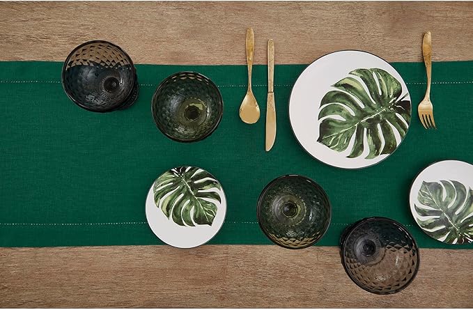 Solino Home Linen Rainforest Green Table Runner 120 Inches Long - 100% Pure Linen Hemstitch 14 x 120 Inch Table Runner for Dining, St Patricks Day - Classic Hemstitch