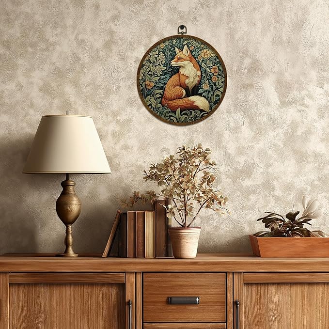 KLYTINK William Morris Inspired Vintage Fox Wall Art,Round Canvas Frame,Retro Animal Design Hanging Round Wall Decor for Bedroom Living Room,or Office 10x10inch (Fox)