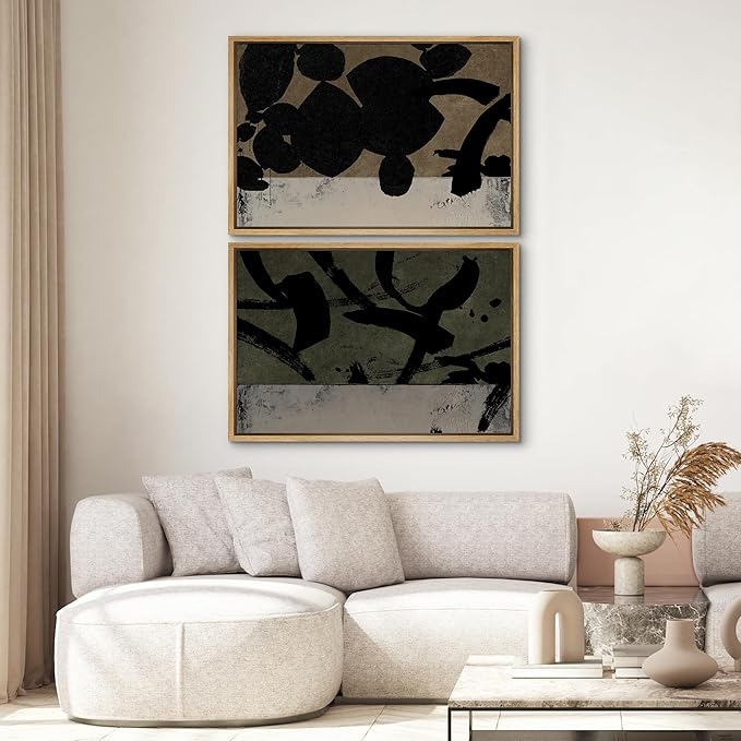 SIGNWIN Framed Canvas Print Wall Art Set Abstract Black Brushstroke Illustrations Modern Art Minimal Boho Colorful for Living Room, Bedroom, Office - 24"x36"x2 NATURAL