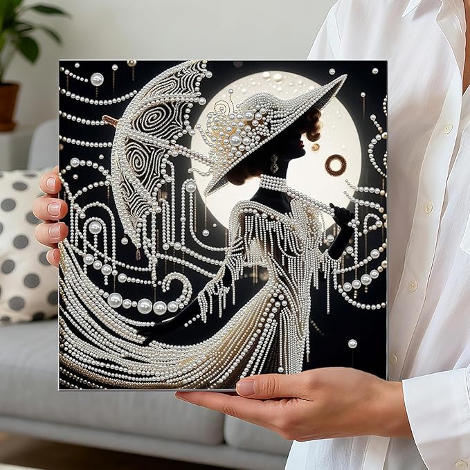 DIY Pearl Painting Kit with Wooden Frame, 3D Plastic Pearl Gemstone Ocean Art Craft for Adults Beginners, Diamond Art Kits for Adults, Home Wall Decor Ready Gift for Women(Umbrella Lady)(30 * 30cm)