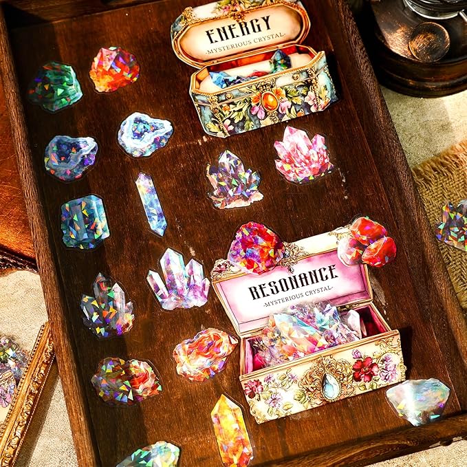 160-Piece Holographic Glitter Fantasy Crystal & Gemstone Sticker Pack – Waterproof Transparent Colorful Watercolor Crystals, Mystical Gems Stickers for Scrapbooking, Journals, Resin Art Supplies