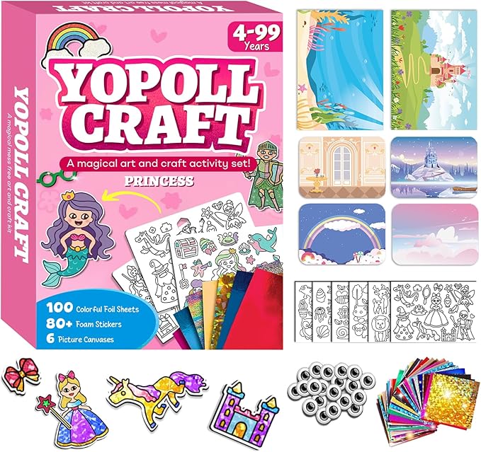YoPoll Foil Art Craft Kits for Kids, Mess-Free DIY Creative Activity Set, Fun Arts and Crafts Toys for Boys & Girls, Peel & Press Foil Art Kit for Kids, Travel Toy and Birthday Gift (Princess)
