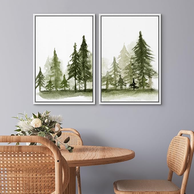 SIGNWIN Framed Wall Art Print Set Watercolor Dark Green Forest Pine Trees Nature Wilderness Illustrations Modern Art Rustic Relax/Calm Multicolor for Living Room, Bedroom, Office - 24"x36"x2 White