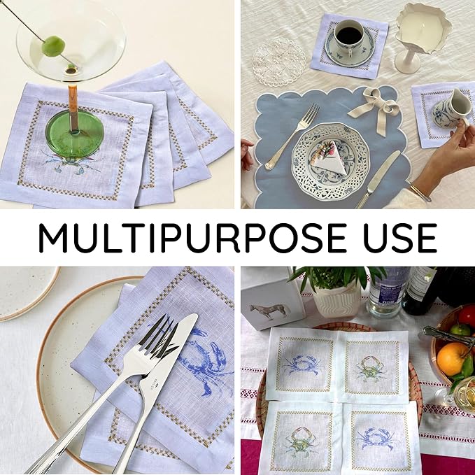 Cocktail Napkins Set of 6, 6x6 inch, 100% Linen, Printed Animal Pattern, Reusable & Washable Cloth Coasters for Beverages, Hosting, Gifting & Everyday Use (Crab)