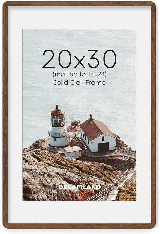 Natural Oak Wood Picture Frame 20x30, Wooden Poster Frame with Mat for 16x24, Round Corner 20 x 30 Matted Picture Frames with Resistant Plexiglass for Wall Mounting or Tabletop, Walnut Color, Set of 1