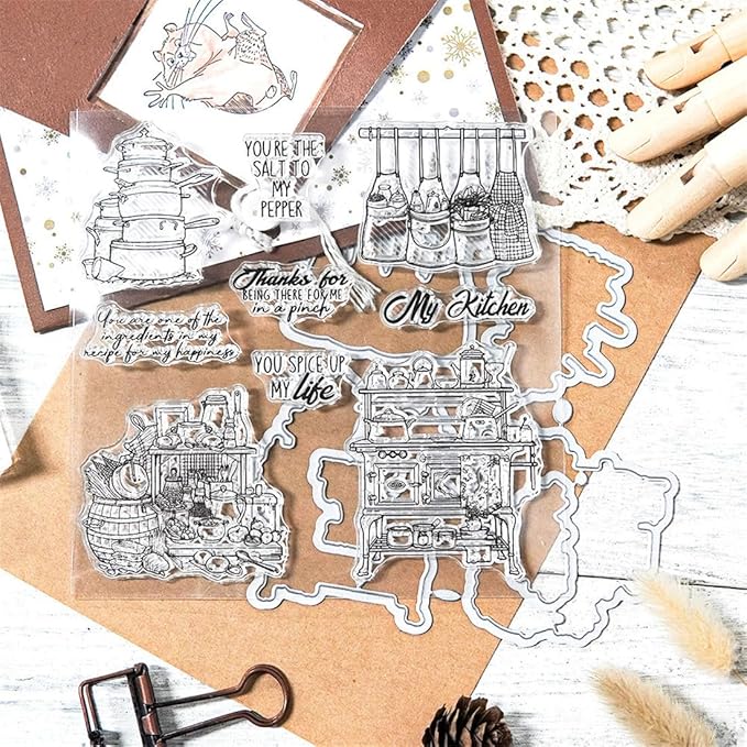 Kitchen Utensils Pots Stamps and Cutting Dies for Card Making DIY Transparent Silicone Clear Stamp and Metal Die Cuts Sets for Scrapbooking Paper Greeting Cards Decor Seals Craft Supplies