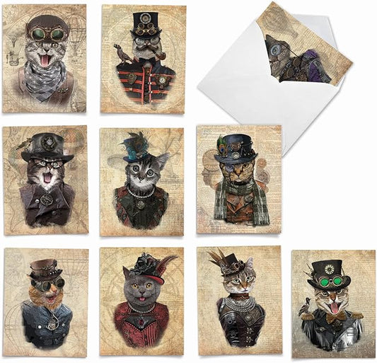 The Best Card Company - 10 Adorable Blank Cat Cards (4 x 5.12 Inch) - Cute Pet Kittens, Assorted Bulk Notecard Set - Steampunk Cats M6554OCB