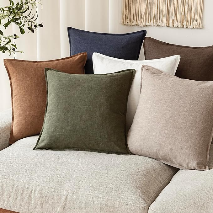 Foindtower Set of 2, Decorative Linen Soild Throw Pillow Covers Soft Accent Cushion Euro Case Boho Farmhouse Pillowcase for Chair Couch Sofa Bedroom Living Room Home Decor 22 x 22 Inch Natural Linen