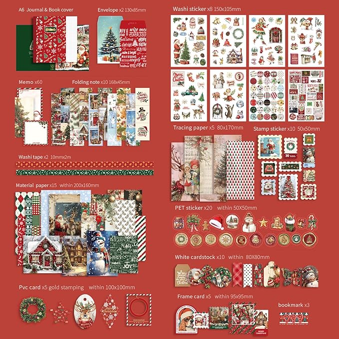 OKUPAN 157 Pcs Christmas Scrapbooking Supplies Kit - Vintage Junk Journaling Supplies, PET Stickers, Washi Tape for Bullet Journals, DIY Crafts, Planner Decor, and Holiday Gifts for Women & Adults