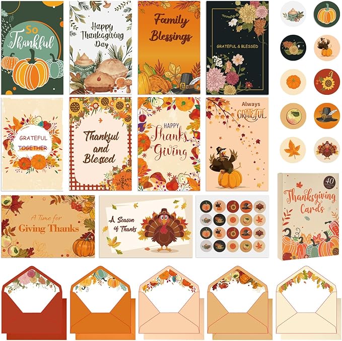 40 Pack Thanksgiving Cards with Envelopes, 4 x 6 in Bulk Thanksgiving Cards with Stickers, 10 Designs Thanks & Blessings Greeting Card Boxed for Fall Autumn Holiday Parties Celebrate the Harvest